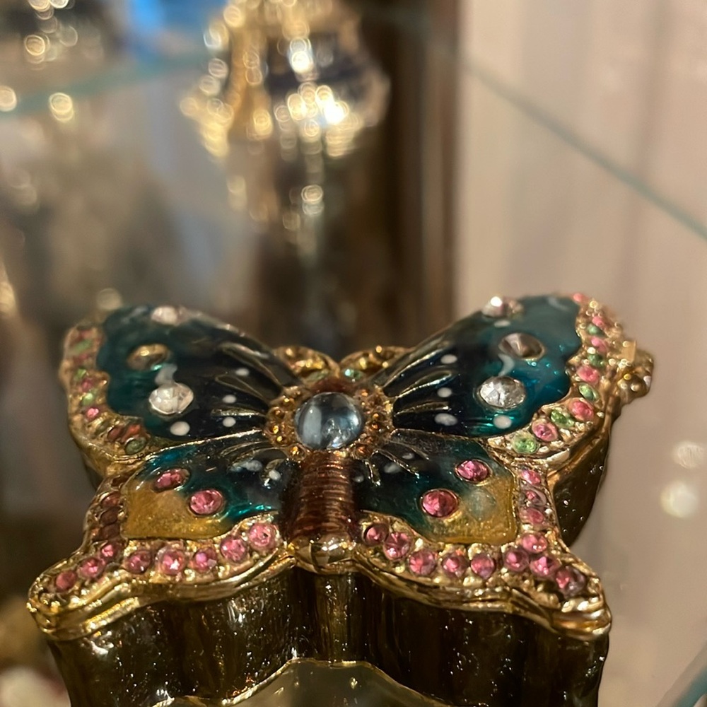 SOLD Colorful Butterfl with Austrian Crystal Accents Trinket Box